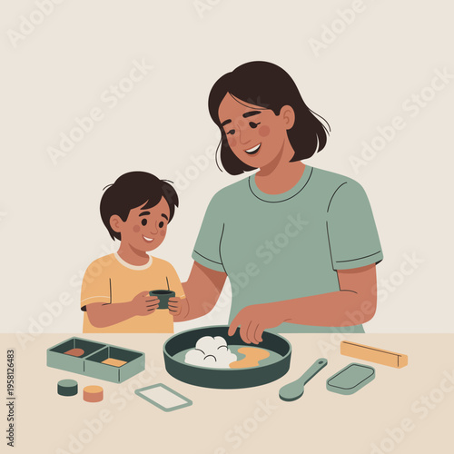 A mother and her child are engaged in a fun cooking activity.