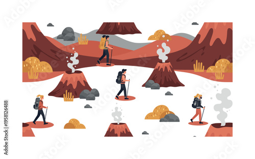 lava field hiking seamless pattern, people exploring volcanic landscapes with backpacks, volcanic stones, steam vents, and minimal vegetation arranged in a