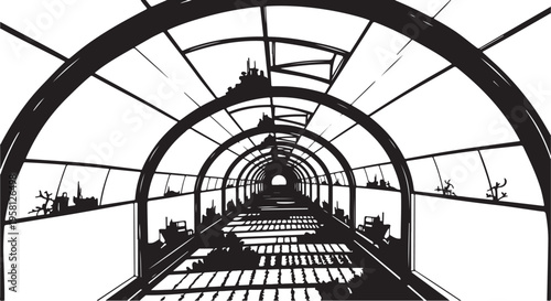 Monochrome illustration of a futuristic train station interior design