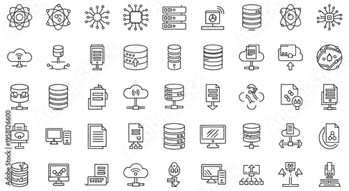 Collection of data science networking and technology related line icons