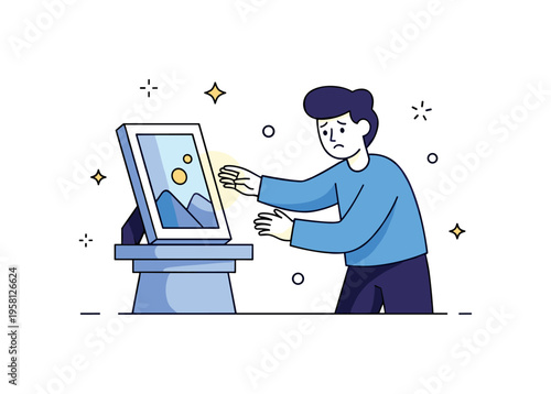 Fragile memories moment where a small glowing photo frame rests on a pedestal while a worried figure reaches toward it as if afraid it might disappear. The