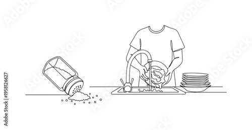Minimal Salt Spill Scene. Minimalistic one-line drawing elegant composition of overturned salt shaker with scattered grains around it, continuous single black