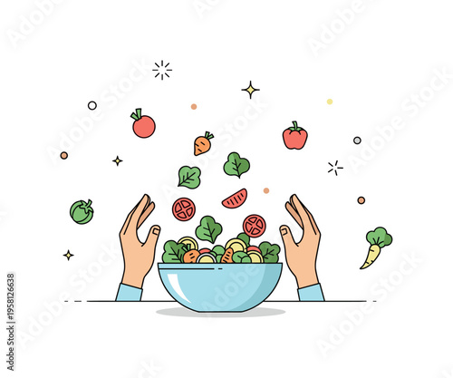 Kitchen salad making moment with hands tossing crisp vegetables inside a bowl while small vegetable icons float around the composition. Fresh lifestyle