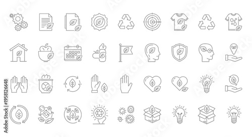 Collection of environmental and sustainable development line icons displayed neatly