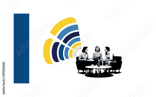 black-and-white retro friends sitting around a small coffee table laughing together, abstract semicircles radiating like waves of conversation, deep blue and