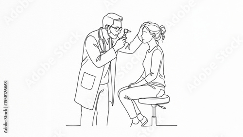 Line Art of Doctor Checking Patient Ear with Otoscope