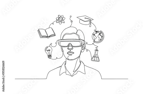 AR Technology Study. Minimalistic one-line drawing person using augmented reality glasses exploring virtual educational icons, continuous single black line on
