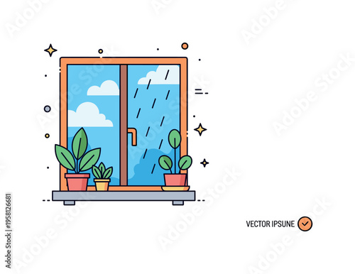 Warm window rainy day simple window with leafy plants on the sill while a soft rainfall scene appears outside creating a quiet comforting mood. Minimalist flat
