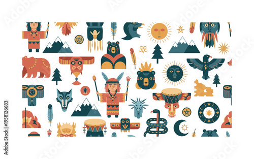 ritualistic shaman symbols seamless pattern, shamans, animal spirits, ceremonial drums, feathers, totems and sacred nature symbols arranged in a repeating