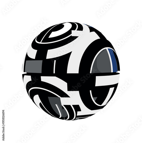 geometric abstract sphere with hard texture highlights abstract semicircles lines and geometric blocks symbolizing strength and durability black and white