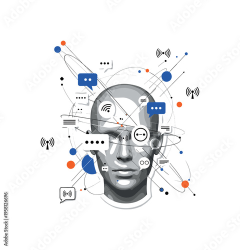 monochrome human head surrounded by floating chat bubbles and broadcast signal icons, white outline cut-out effect, geometric rings and diagonal lines forming