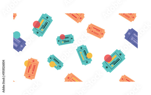 cinema tickets seamless pattern, repeating pattern, surface design, textile print, soft color palette, modern illustration, flat vector movie ticket stubs with