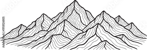 Mountain Range Landscape in Black and White Line Art