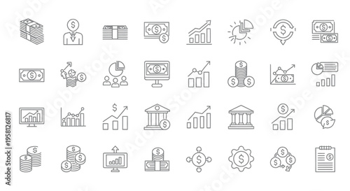 Collection of linear finance icons depicting money growth and banking