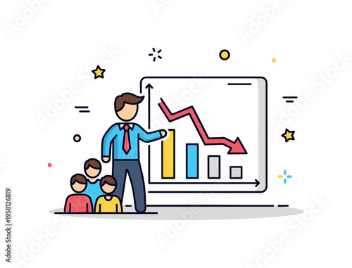 Business leadership during economic downturns centered on a confident leader icon guiding a small team while a declining chart turns upward beside them. The