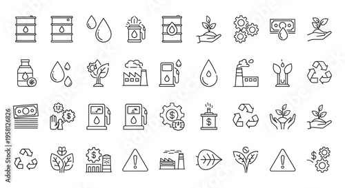 Environmental sustainability icons depicting energy resources and ecological growth