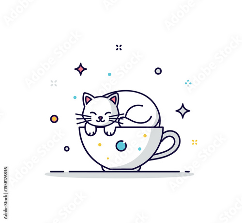 Cute cat teacup moment tiny kitten curled into a soft circle inside a small teacup, peacefully resting while delicate sparkles and dots add a gentle magical