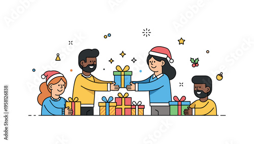 Holiday gift exchange friends gathered around a small pile of wrapped presents passing a colorful gift with smiling expressions and festive sparkles, capturing