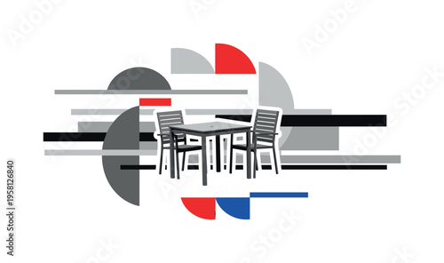 black and white garden furniture set being refreshed with new paint, white cut-out outline around table and chairs, geometric semicircles and long horizontal