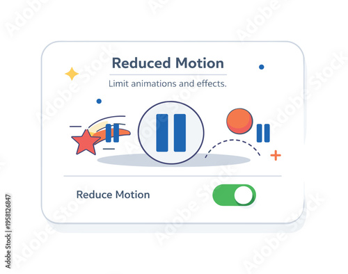 Reduced motion UI controls shown as a simple interface card with a pause style symbol applied to decorative motion elements. The scene suggests stability,
