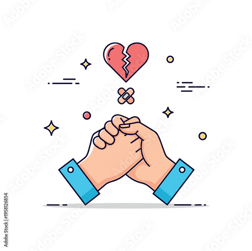 Love and resilience visualized by two hands holding firmly while a small broken heart icon above them is being mended with a tiny bandage. Symbolic