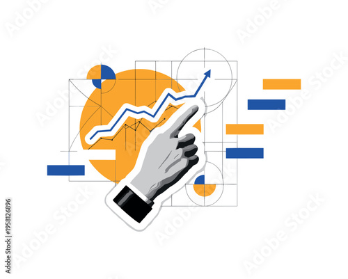 conceptual investment analysis collage with a black and white hand pointing at a rising line graph, white cut-out outline around the hand and chart, bold