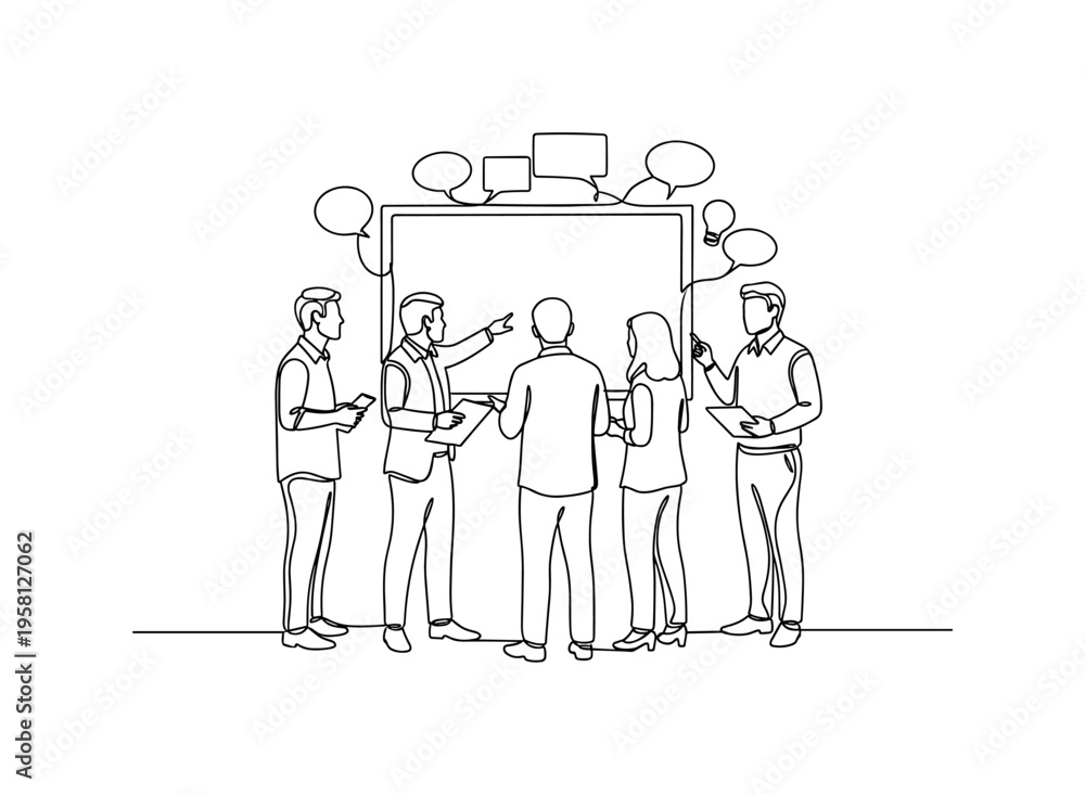 Fototapeta premium Modern Office Brainstorming. Minimalistic one-line drawing group of coworkers standing near a board sharing ideas during a meeting, continuous single black