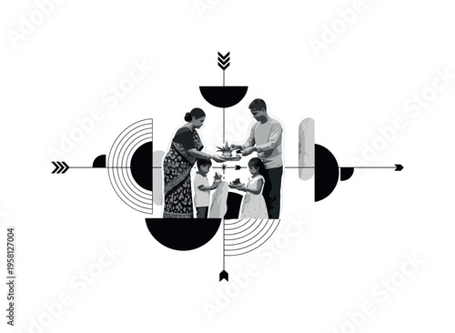 family performing cultural ritual, geometric semicircles arrows and abstract shapes illustrating continuity and respect, black and white retro realistic