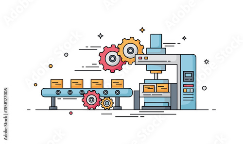 Industrial machinery operation mechanical gears turning beside a conveyor system transporting products through a factory stage. Illustration capturing the
