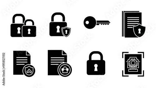 Data security and privacy icon collection featuring padlocks keys and protected digital documents