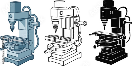 Industrial milling machine illustrations set, CNC drill press equipment with mechanical tools, engineering workshop technology design isolated on white background