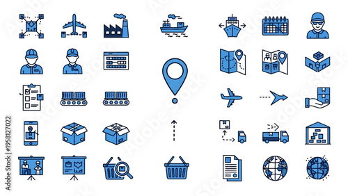 Supply chain and delivery logistics flat icon collection with shipping truck ship airplane and location pin graphics