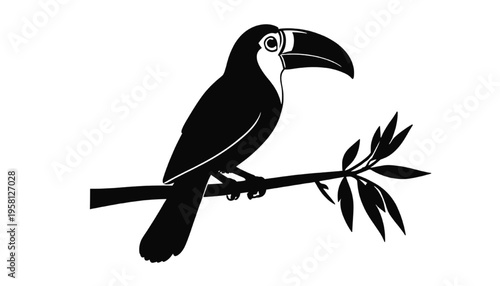 minimal toucan bird silhouette perched on branch representing tropical wildlife exotic nature and simple jungle illustration