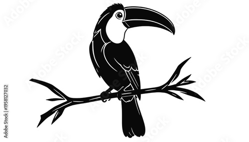 detailed toucan bird silhouette perched on branch representing tropical wildlife exotic nature and jungle illustration isolated design