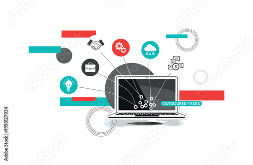 monochrome laptop connected to multiple floating office icons representing outsourced tasks, white cut-out outline around laptop, abstract circles
