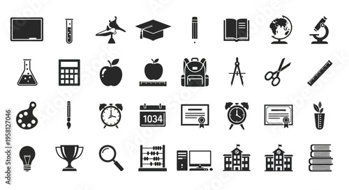 Education and school learning solid icon collection featuring books microscope graduation cap and science elements