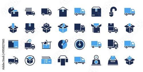 Delivery truck and shipping box logistics icon set illustrating cargo transport unboxing and distribution services