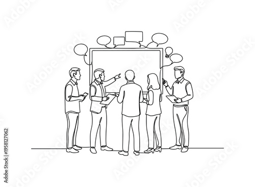 Modern Office Brainstorming. Minimalistic one-line drawing group of coworkers standing near a board sharing ideas during a meeting, continuous single black