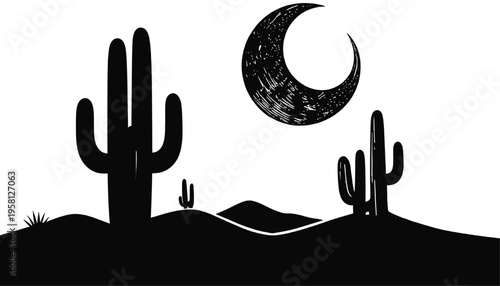 desert cactus silhouette with rolling dunes and crescent moon representing calm night landscape southwest nature and minimal scenic design