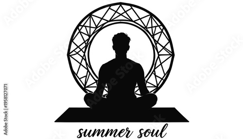 meditating silhouette in lotus pose with sacred geometry circle and summer soul theme representing mindfulness yoga calm energy and spiritual balance