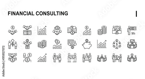 Financial consulting icons depicting money growth and professional services