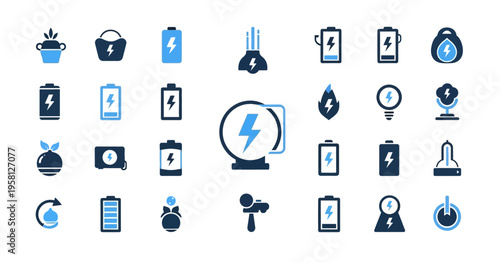 Battery status and energy charging power icon collection featuring eco friendly power sources and electrical elements