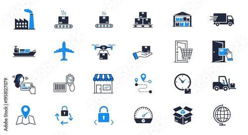 Logistics and shipping icon set vector illustration featuring delivery trucks warehouse and global supply chain symbols