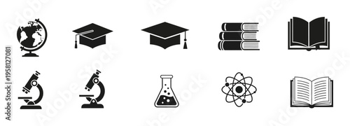 Science and academic education solid black icon set featuring globe graduation cap books microscope and atom symbols
