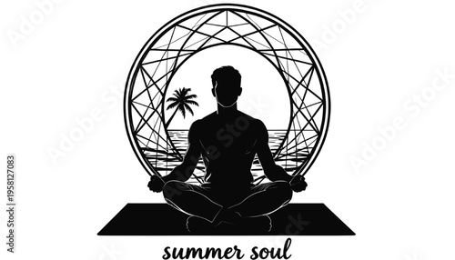 meditating person silhouette in lotus pose with sacred geometry circle and nature elements representing mindfulness yoga calm and spiritual balance