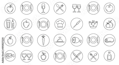 Collection of black and white line icons depicting food and dining