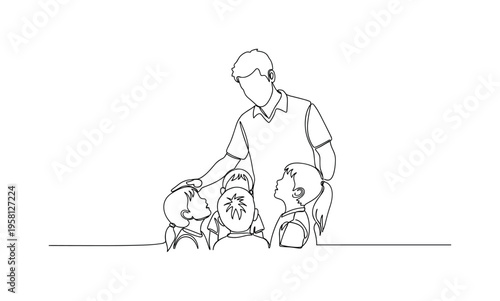 Mentoring Others. Minimalistic one-line drawing volunteer guiding or teaching children, representing personal growth through volunteering, continuous single