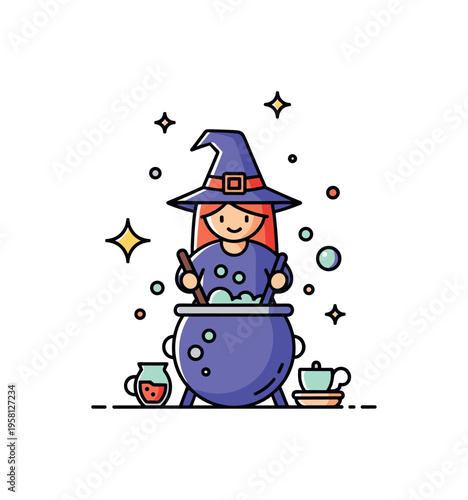 Tiny witch magic potion cute witch wearing a pointed hat while stirring a steaming cauldron filled with glowing potion bubbles. Minimalist flat