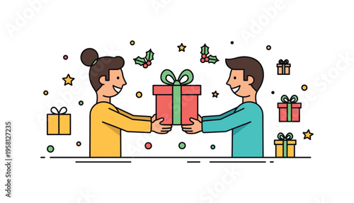 Holiday friendship moment a wrapped present being passed between two happy friends while extra gifts and tiny star icons create a joyful badge-like symbol of