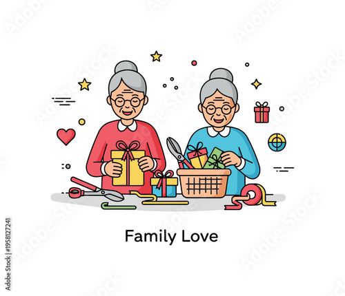 Grandparents preparing handmade surprises grandparents placing finished handmade gifts into a small basket while craft tools and ribbons rest nearby. A subtle